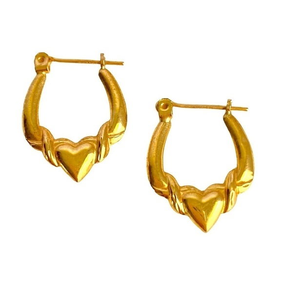 Vintage 14K Gold Small Hoop Earrings Dainty Heart Love Womens Girls - Picture 1 of 7